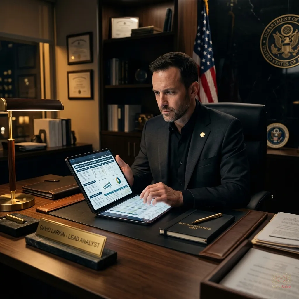 Government contractor reviewing supply chain documents on a glowing tablet