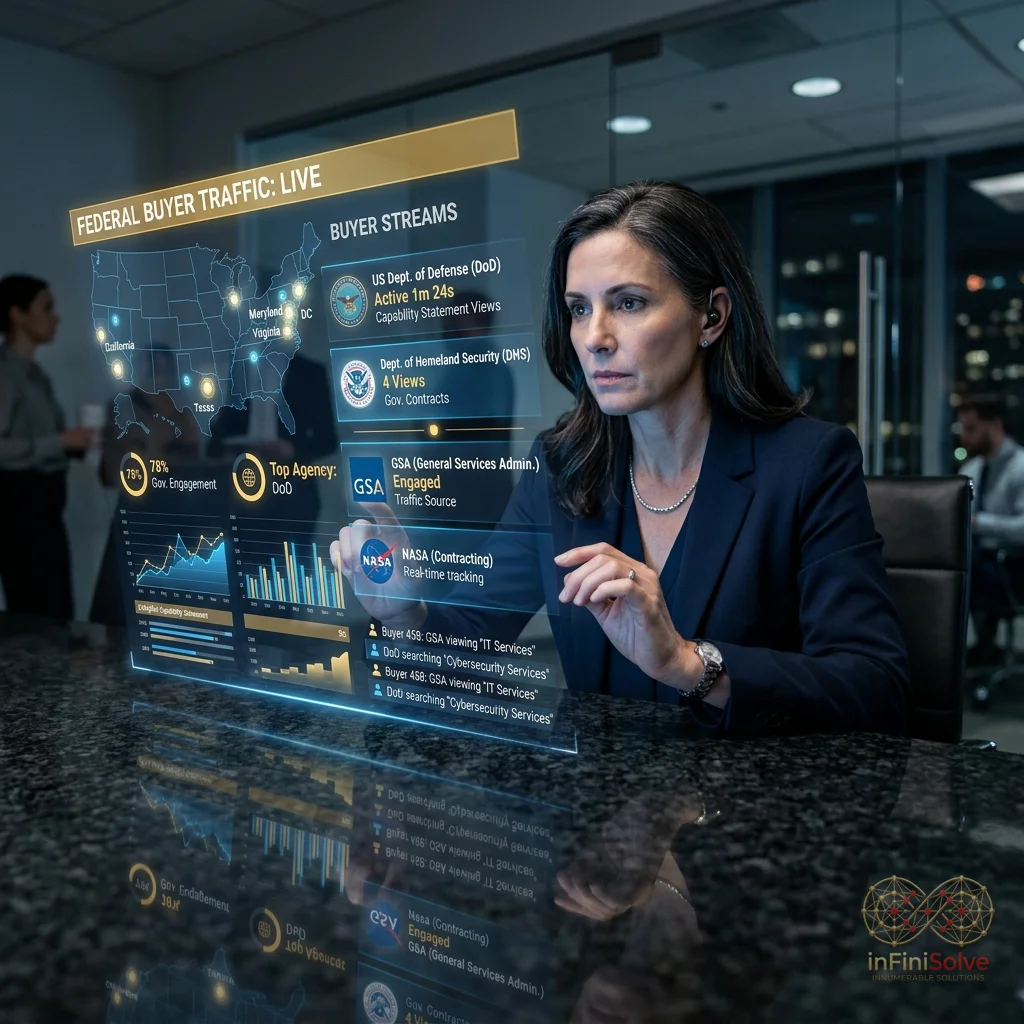 Marketing director tracking federal buyer analytics on a holographic display