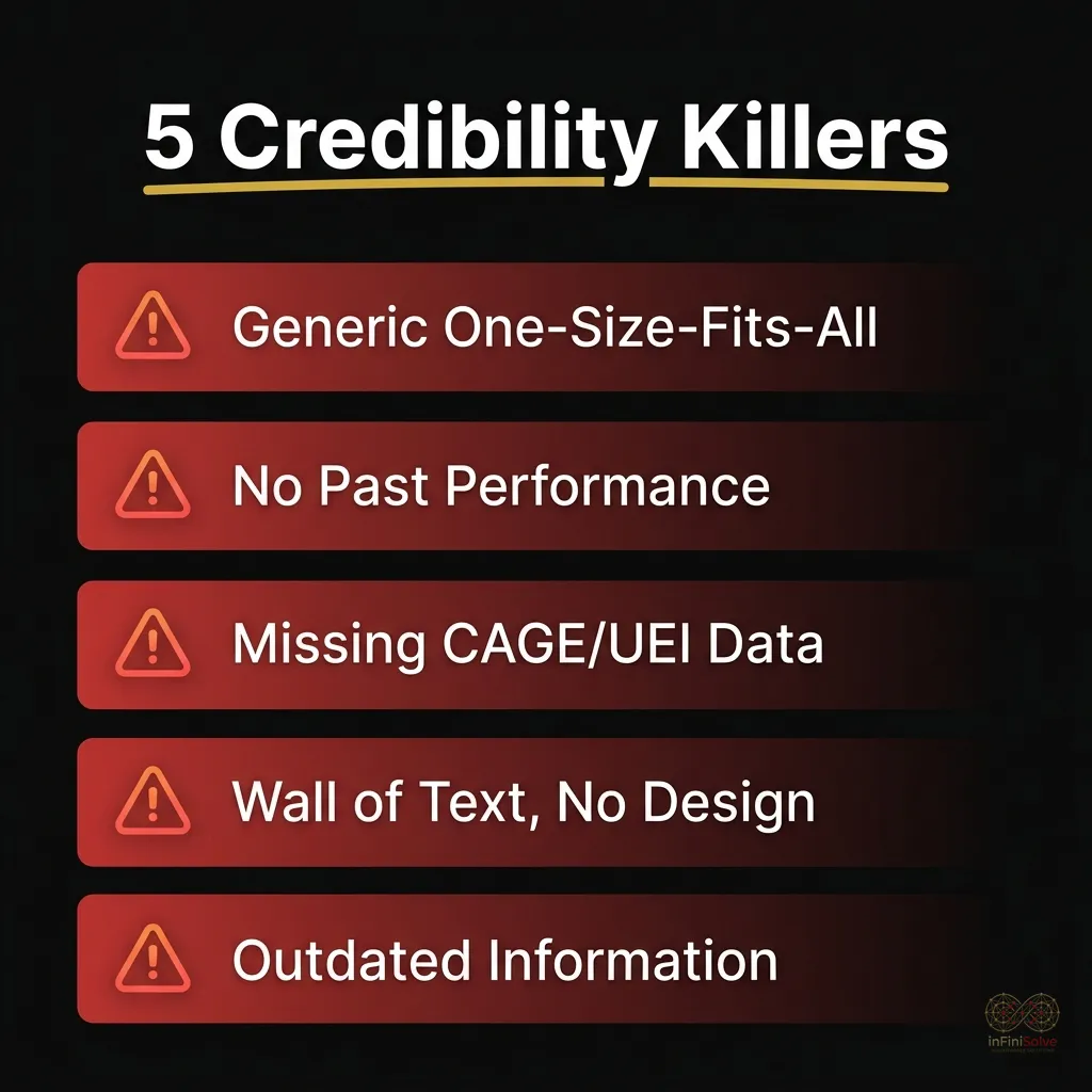 Red pen crossing out common capability statement formatting mistakes