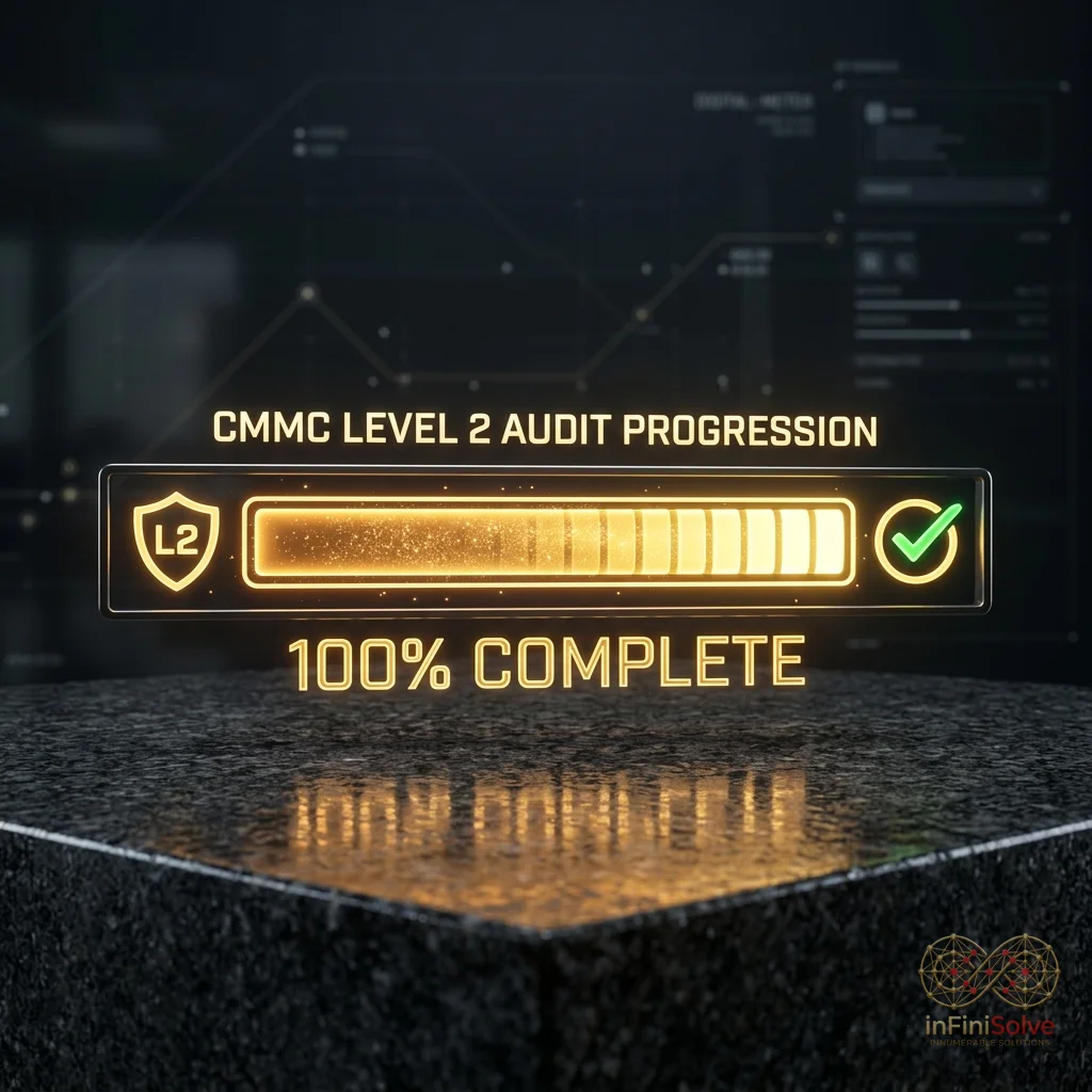 A glowing golden progression bar showing CMMC audit progression