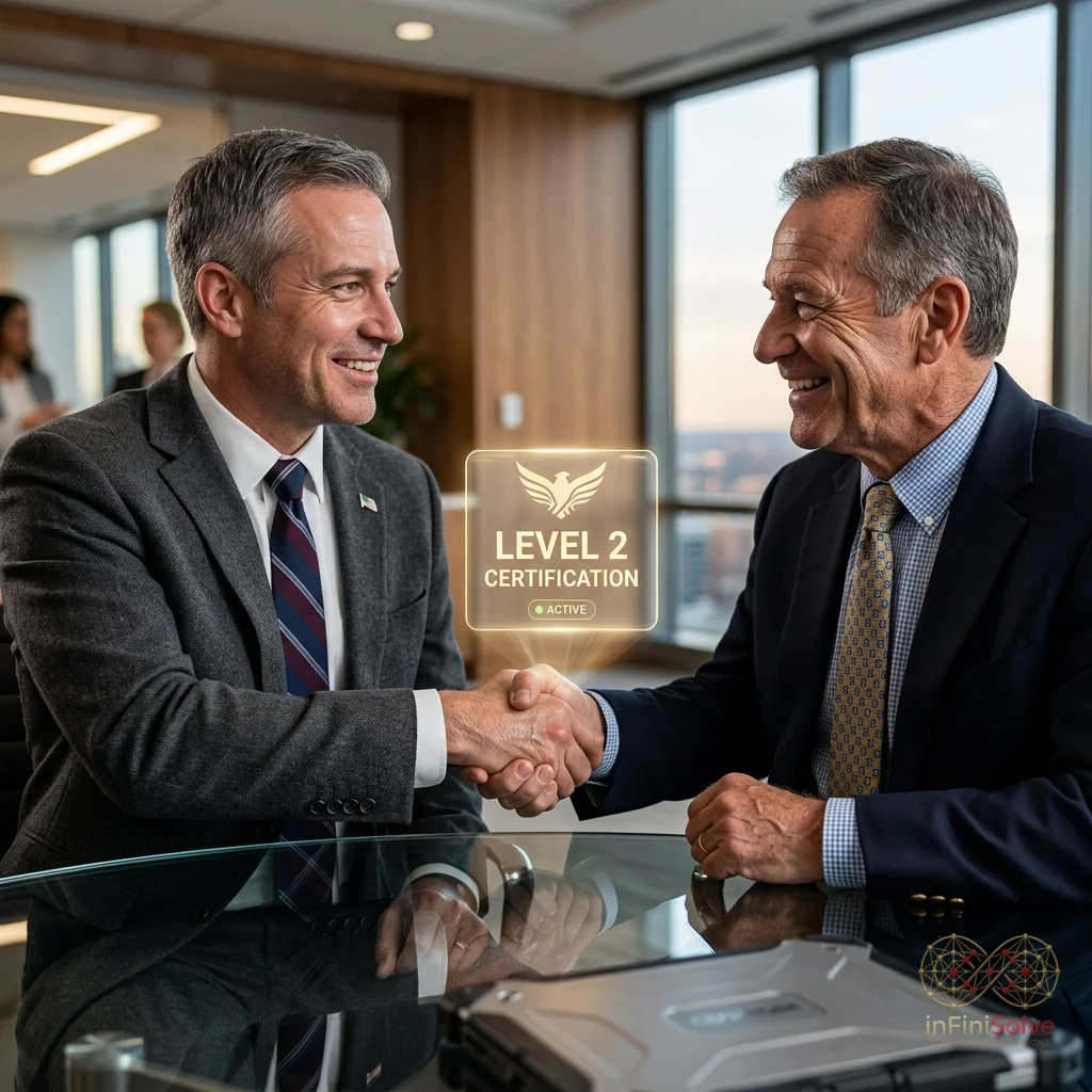 Two federal contractors shaking hands over a successful CMMC Level 2 certification