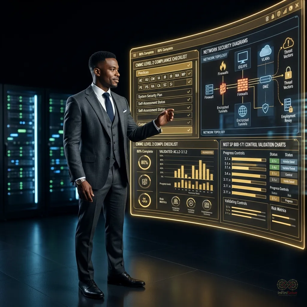 Cybersecurity specialist reviewing CMMC Level 2 small business compliance dashboard in high-security server room