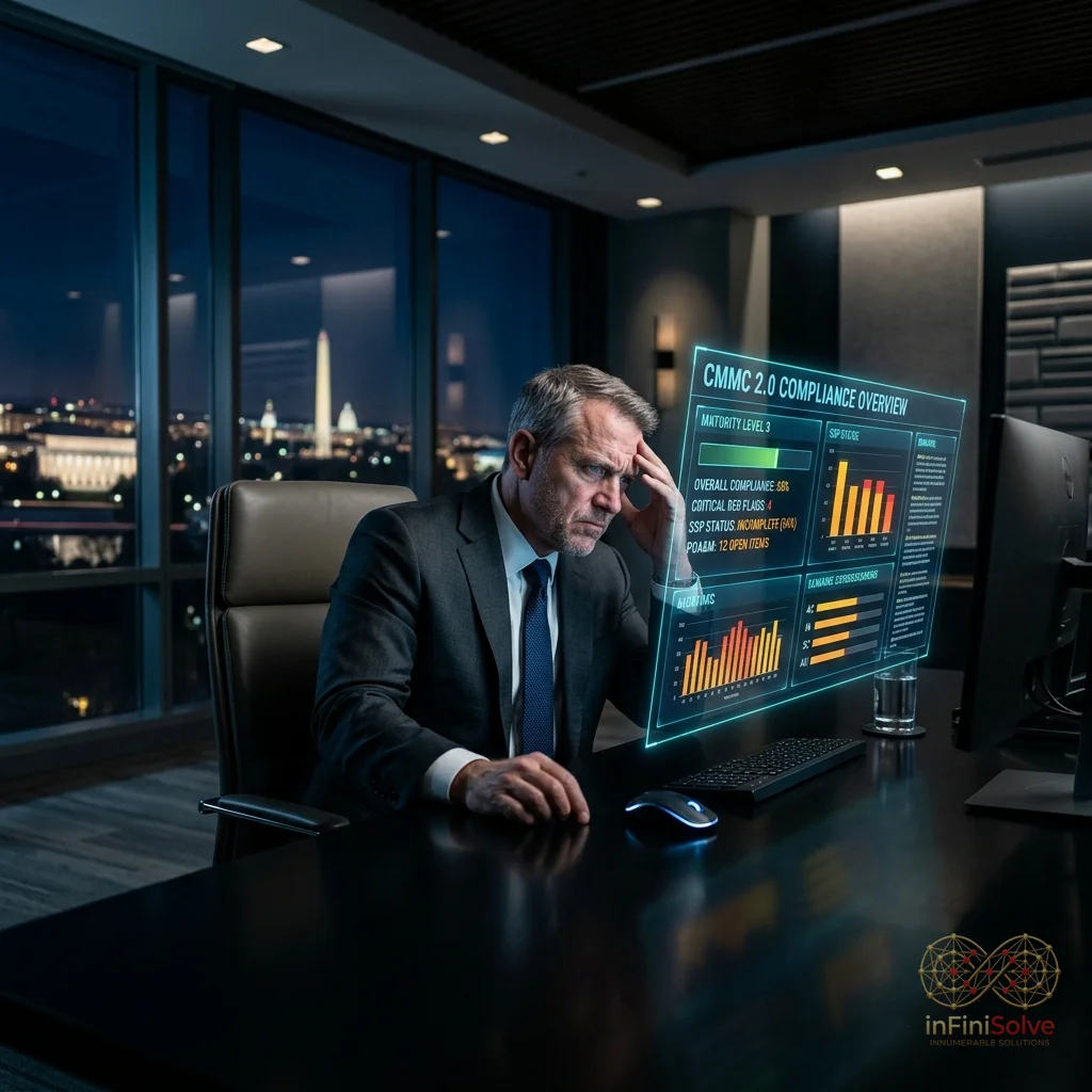 Focused CEO looking at glowing cybersecurity dashboards