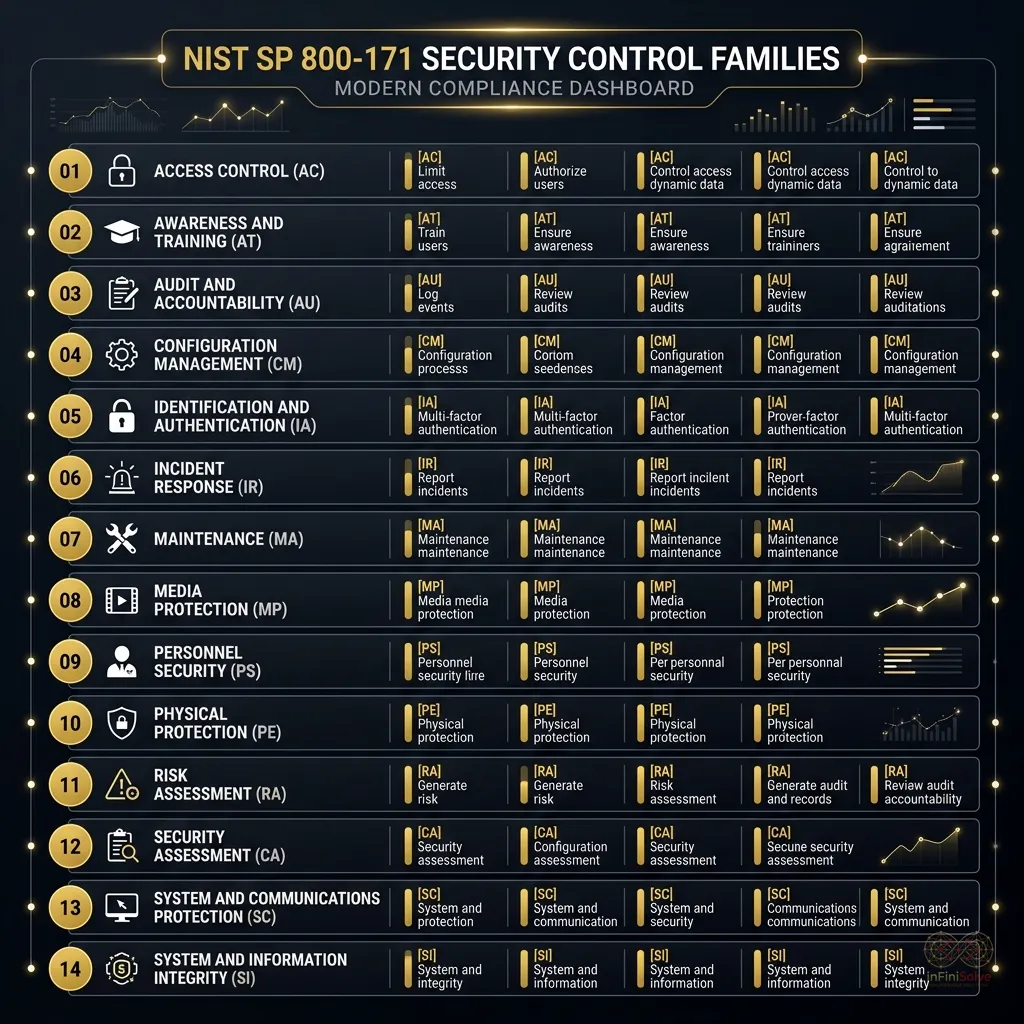 NIST SP 800-171 security control families reference dashboard showing standard domains