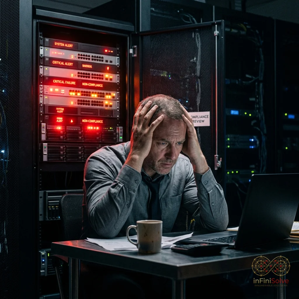 Stressed IT director illuminated by red warning lights of a compromised server