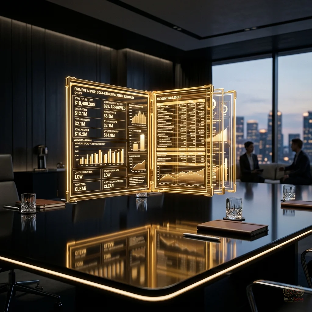 A glowing golden accounting ledger displaying cost-reimbursement financial metrics.