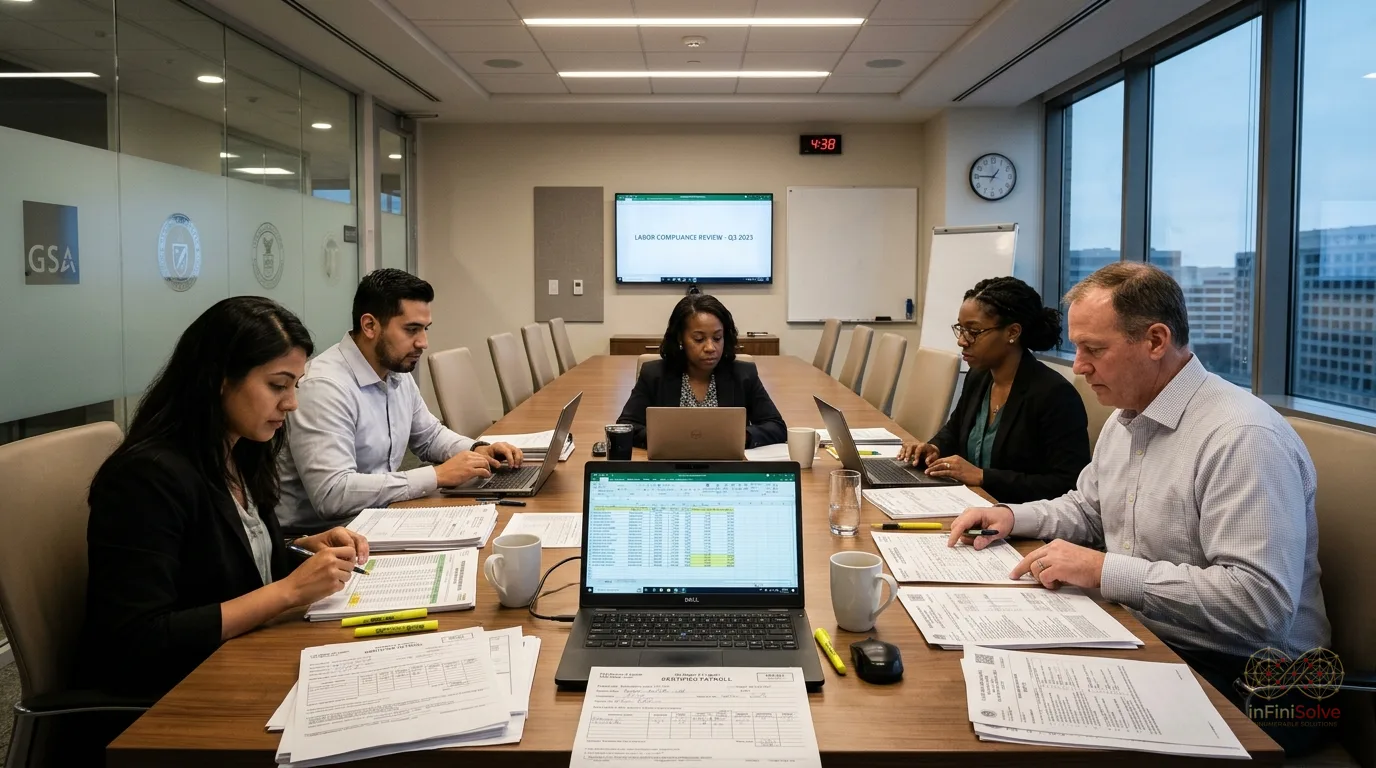 Corporate GovCon labor compliance team and HR director auditing certified payroll and fringe benefits