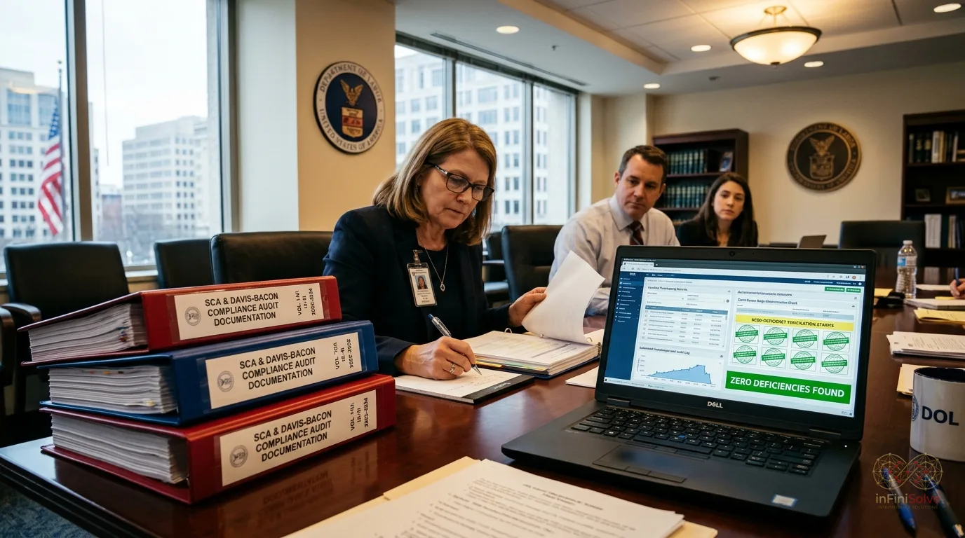 Federal Department of Labor audit room with verified zero-deficiency compliance documentation