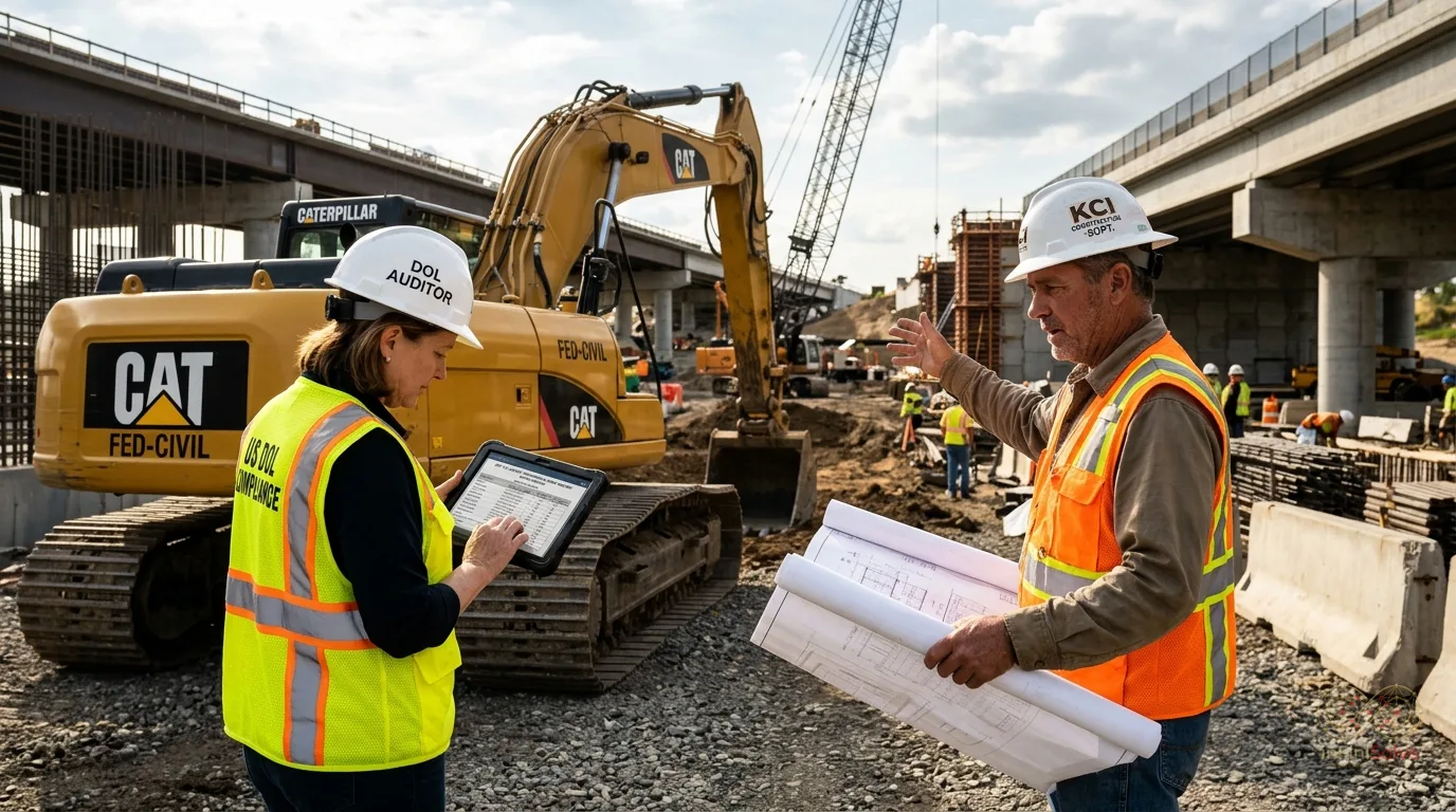 Department of Labor compliance auditor and construction superintendent reviewing prevailing wage determination tables on site
