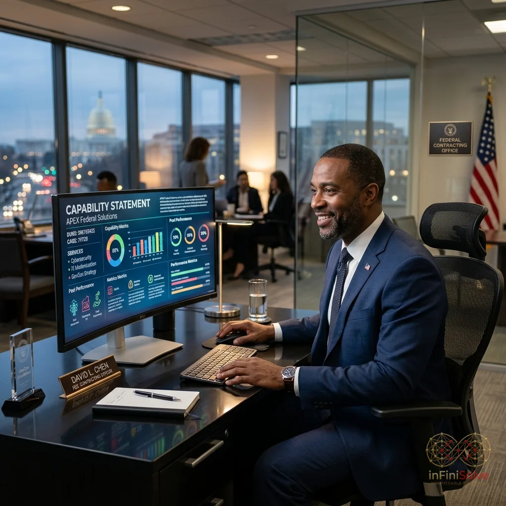 Confident federal contracting officer looking at a digital capability statement