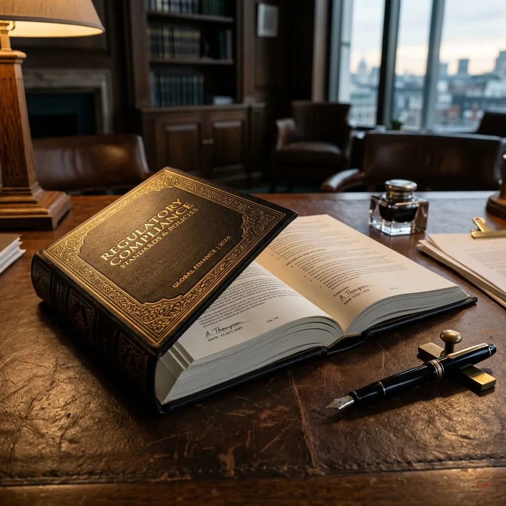 A thick regulatory compliance binder on a desk
