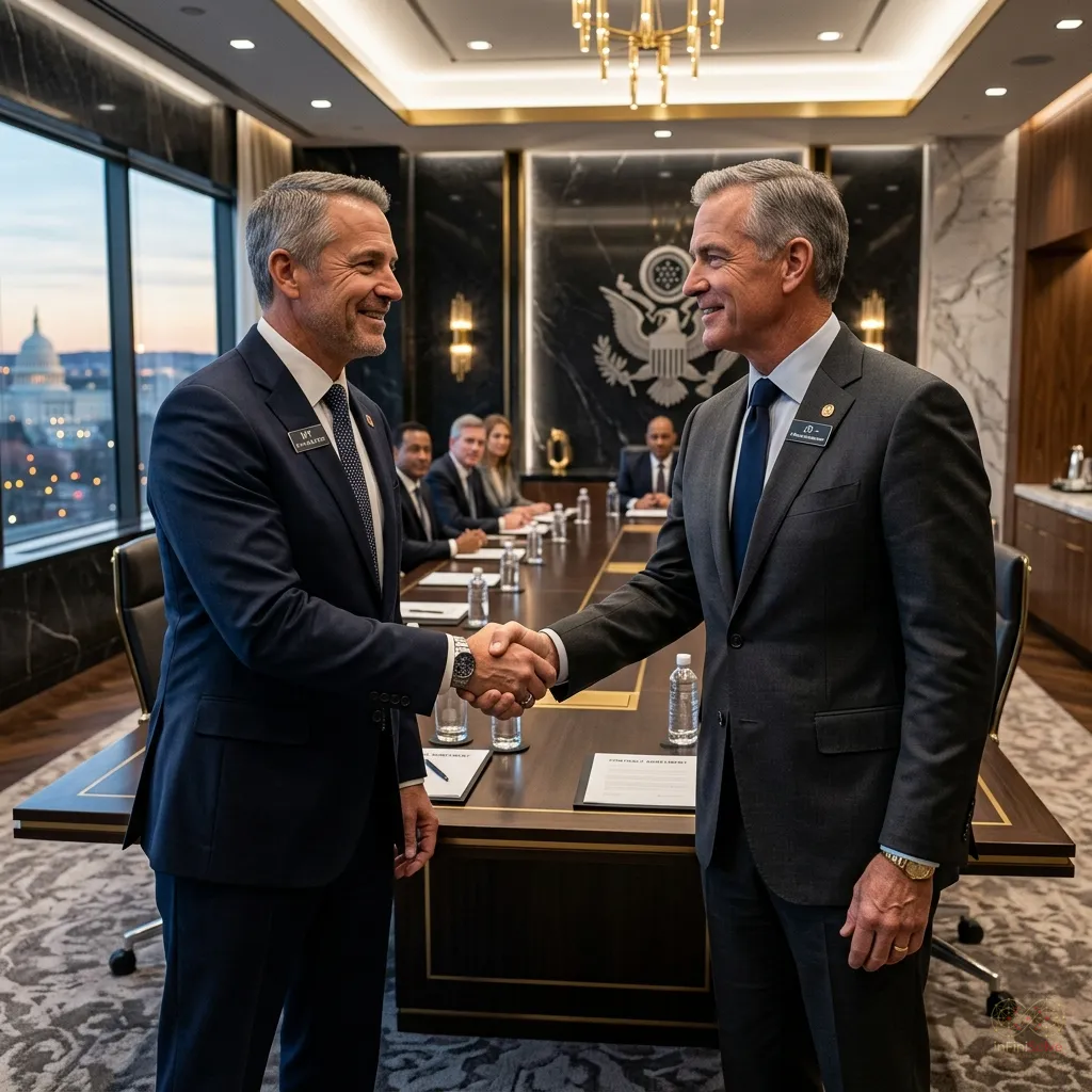Executive handshake between small business CEO and large prime contractor in federal boardroom