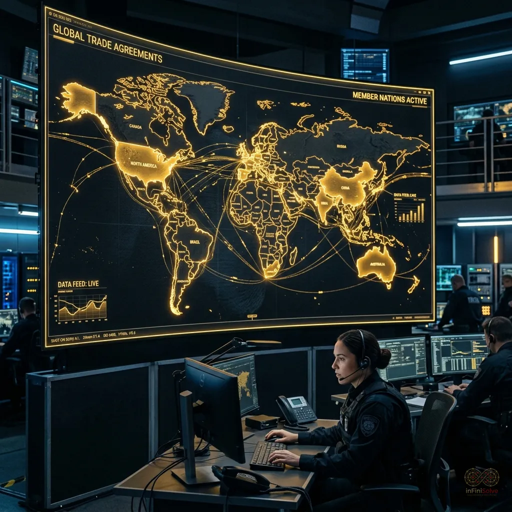 High-tech global map displaying designated trade agreement countries