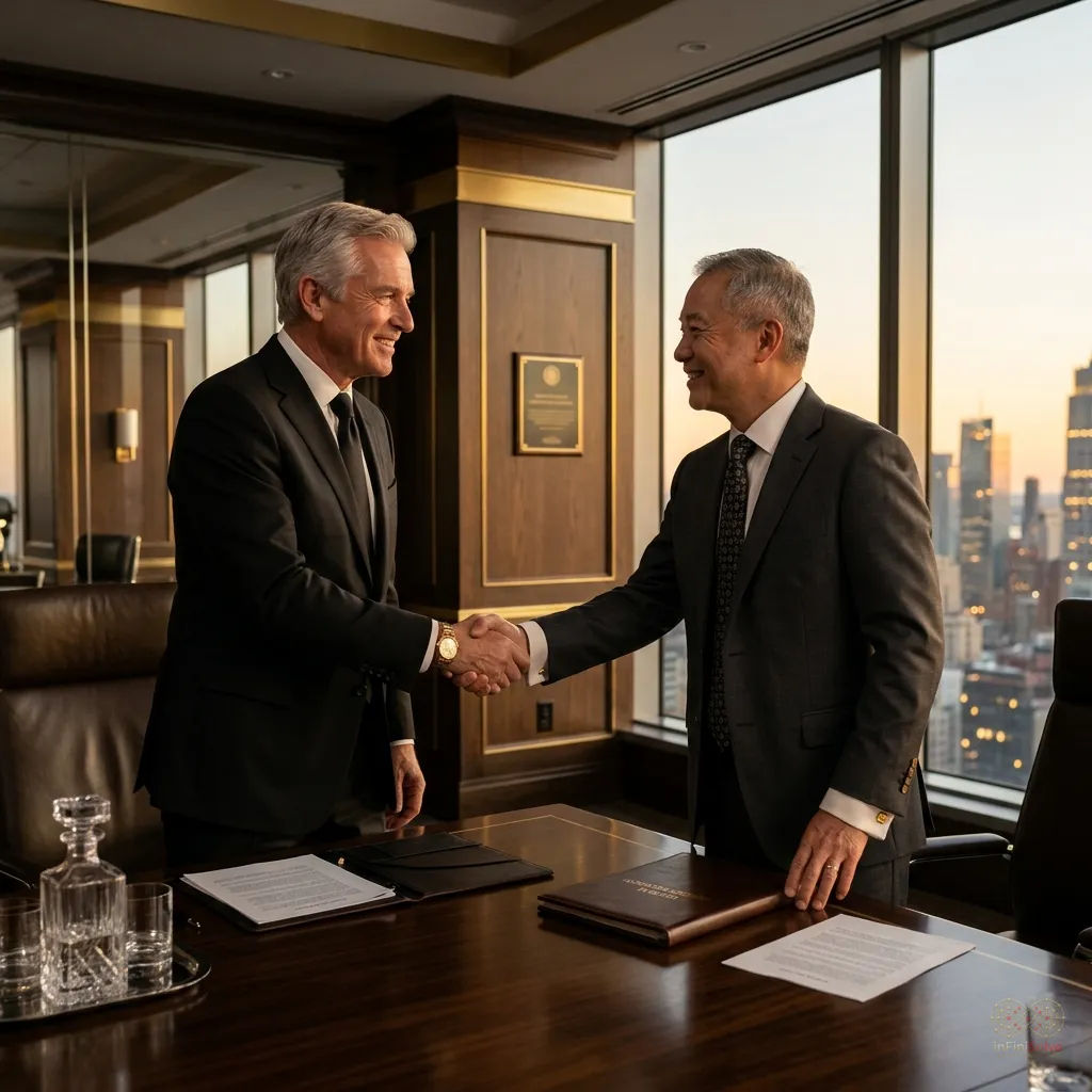Executives shaking hands over a teaming agreement