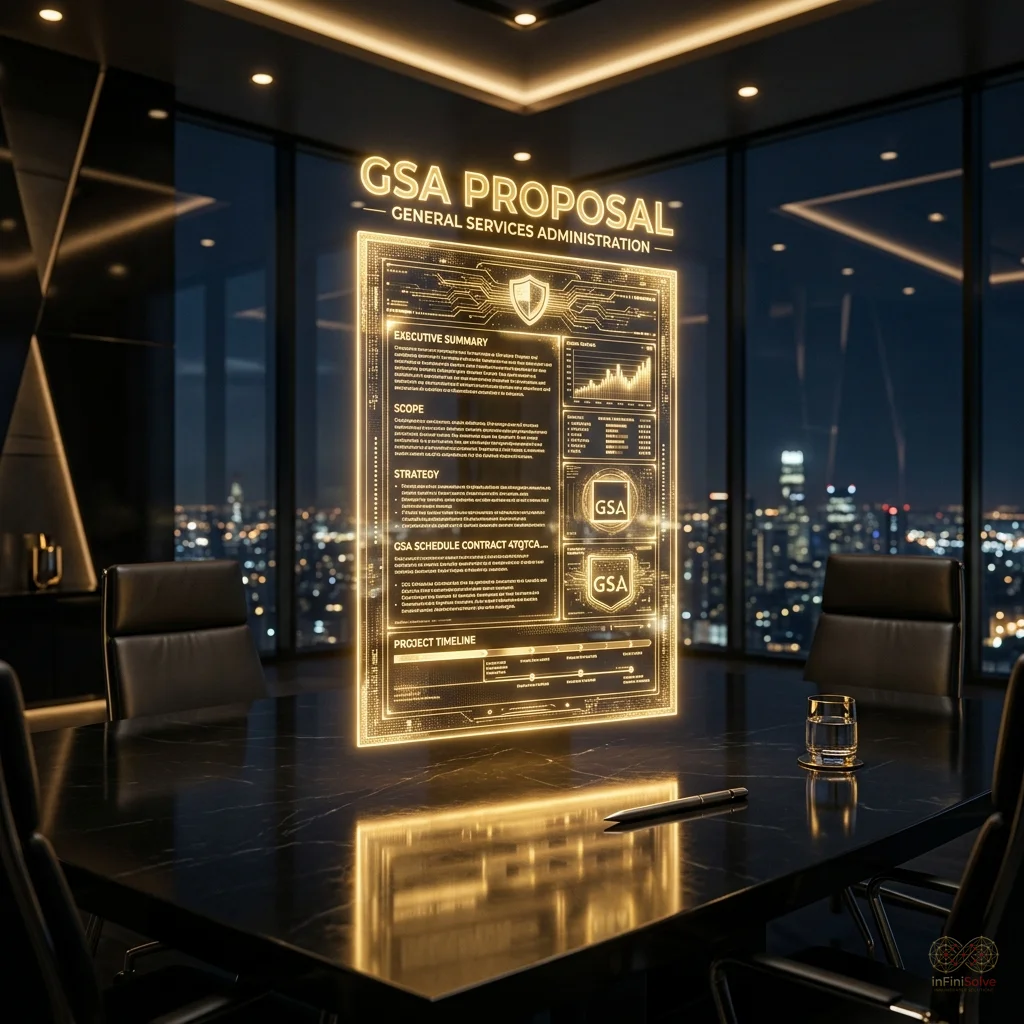 A glowing golden digital document titled 'GSA Proposal' hovering over a conference table.