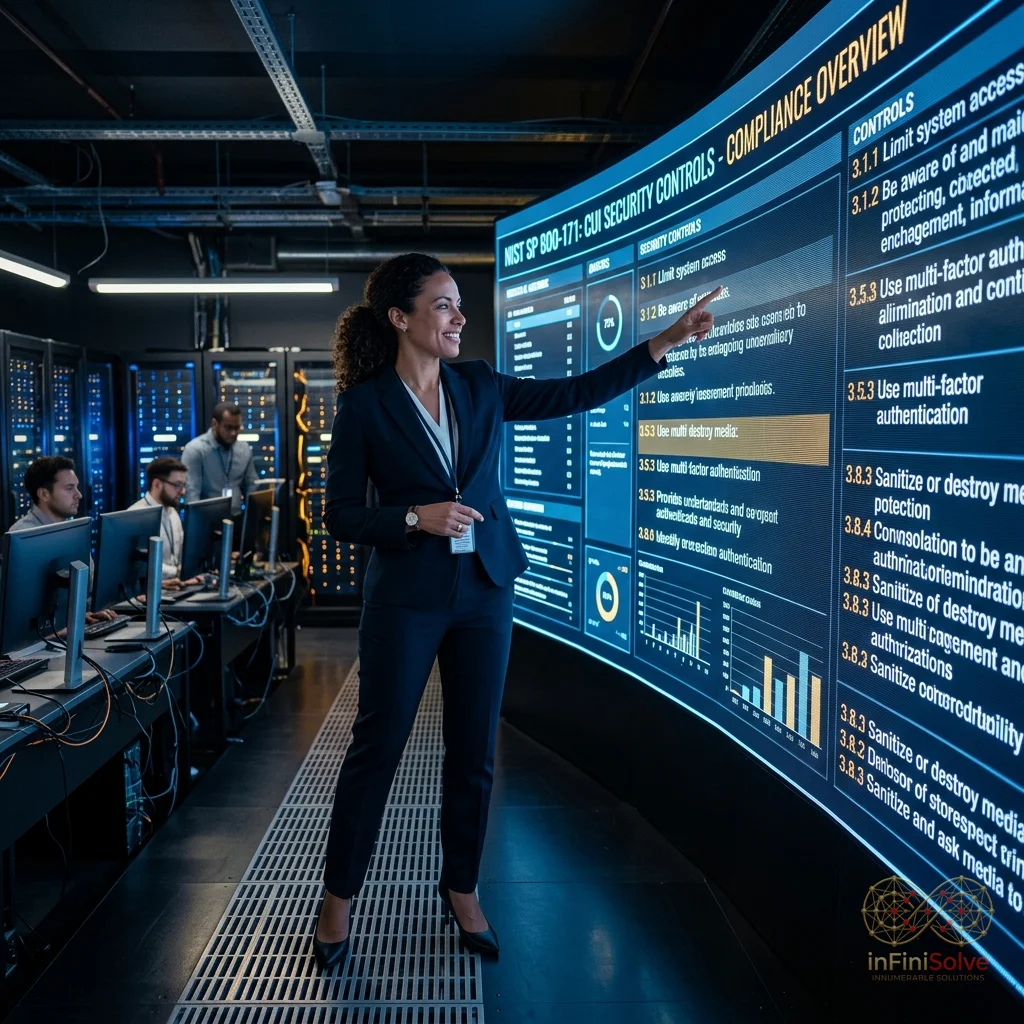 Confident female cybersecurity auditor pointing at NIST controls on a digital screen