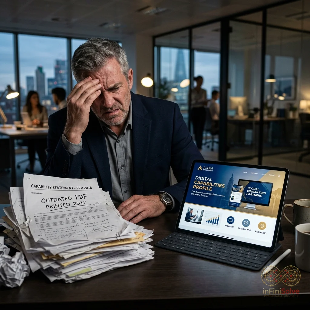 Frustrated owner looking at crumpled PDFs next to a sleek digital tablet