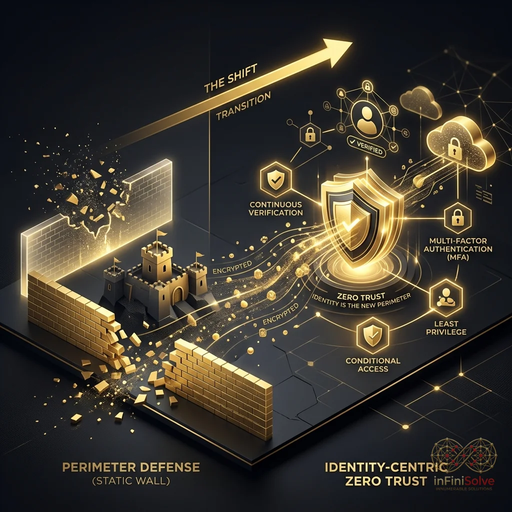 Diagram comparing legacy perimeter security vs modern zero trust model