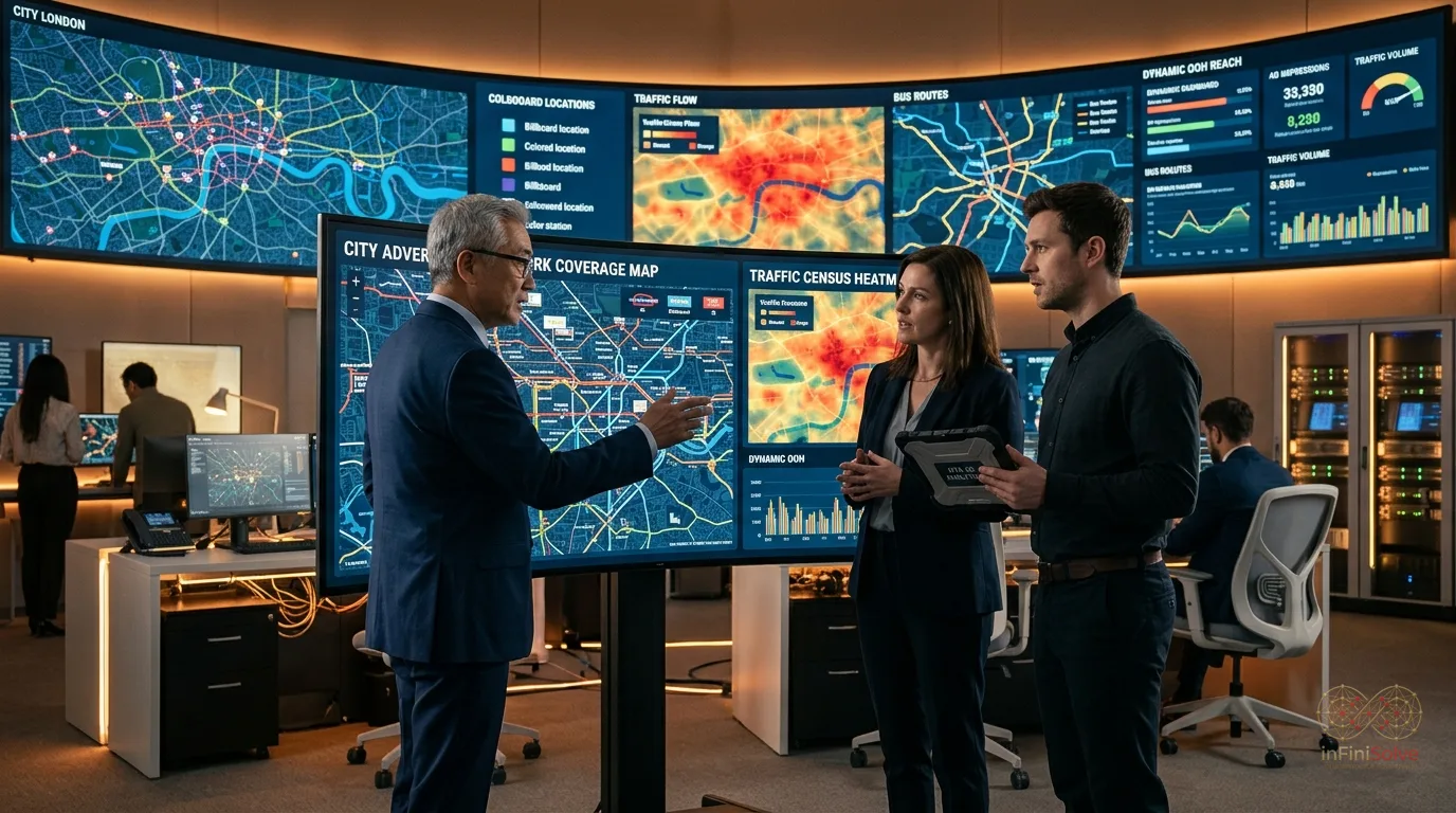 Municipal transit operations control center analyzing digital billboard heatmaps and impressions