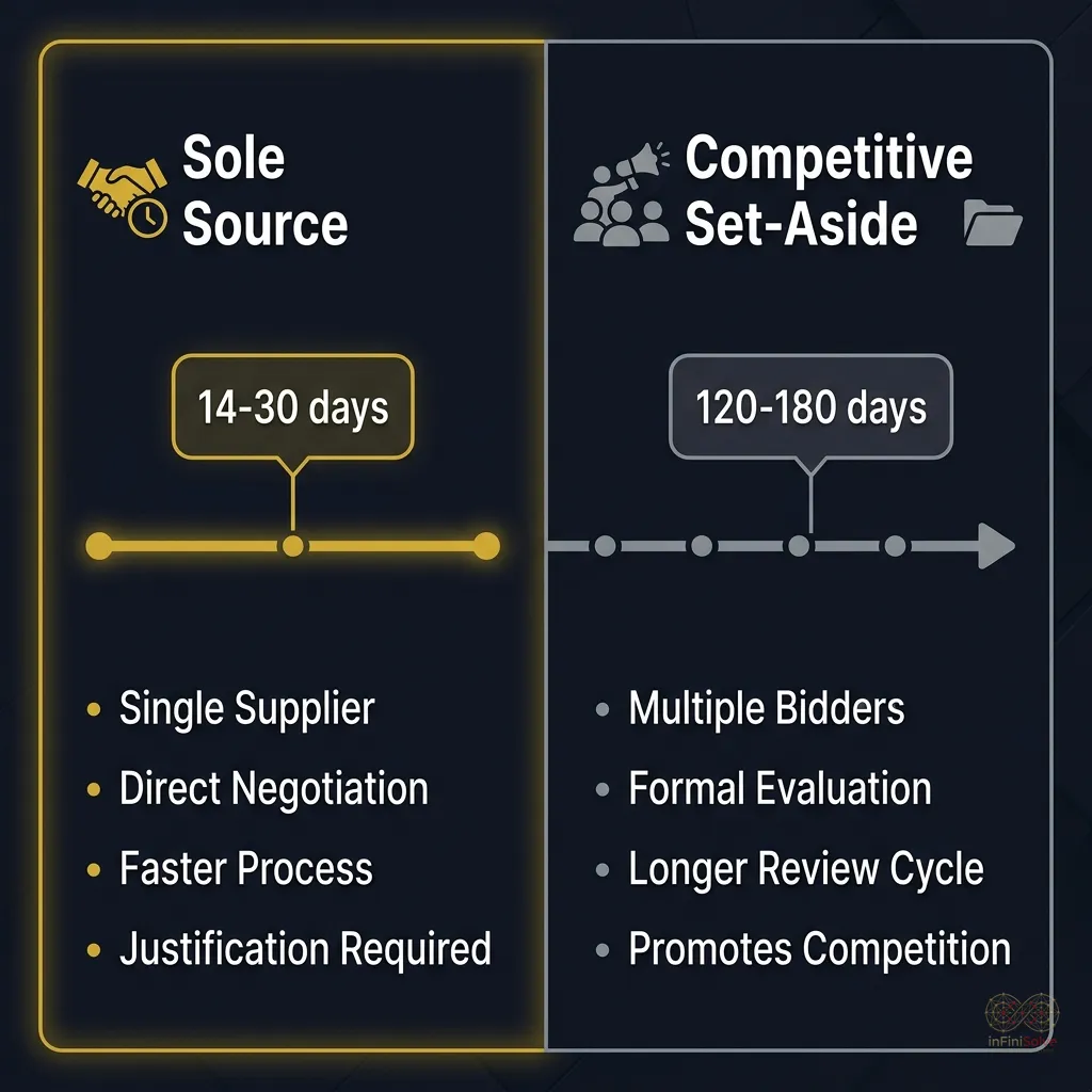 Timeline comparing sole source vs competitive federal acquisition