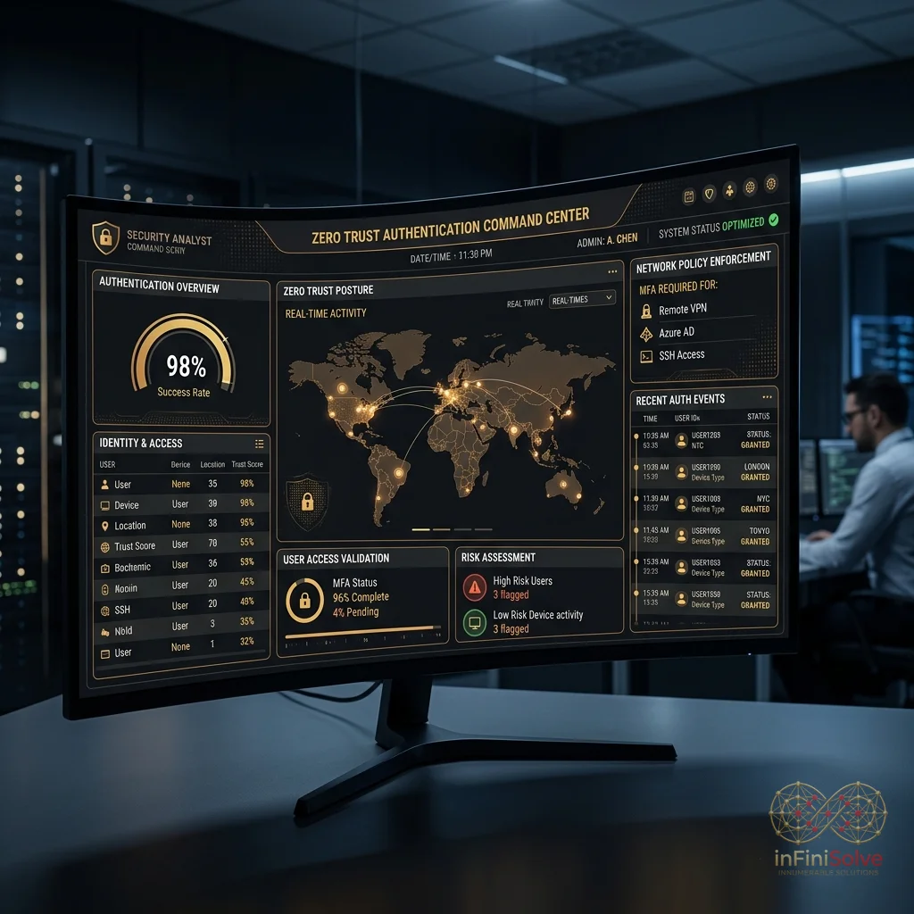 Cybersecurity specialist analyzing DoD Zero Trust network architecture interface